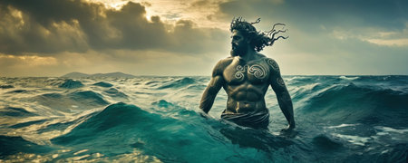 3d render of a man with tattoos on his body in the seaの素材