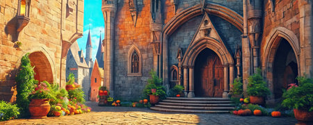 3D rendering of a fantasy castle with pumpkins in a potの素材