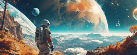 Astronaut on the background of the planet. 3d renderingの素材