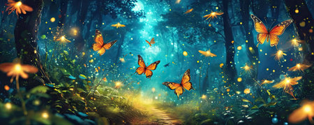 Mystical forest with magic butterflies. 3D illustration. Fairytale background.の素材