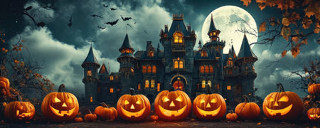 Halloween background with haunted castle, pumpkins and bats.の素材