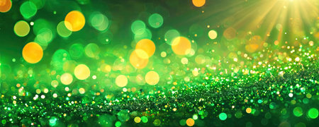 Green glitter background with bokeh lights and stars. 3d renderingの素材