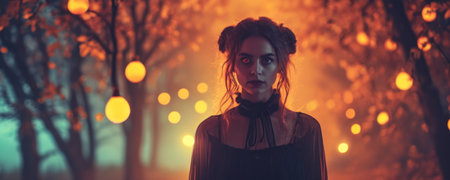 Portrait of a beautiful girl in a black dress in the forest at nightの素材