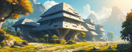 3D rendering of a fantasy fantasy landscape with a wooden house.の素材