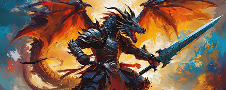 Fantasy illustration  a fantasy dragon with a sword  his hand.の素材