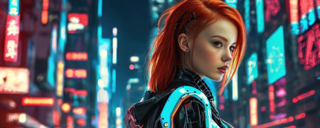 a beautiful redhead g
irl  a futuristic cityの素材