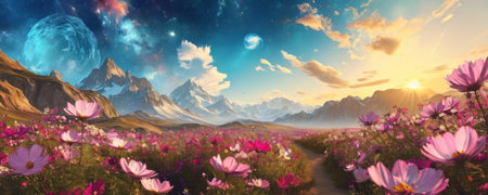 Fantasy landscape with mountains, meadow and pink cosmos flowers.の素材