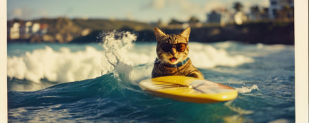 Cute cat surfing on surfboard in the ocean. Cat surfing on surfboard in ocean.の素材