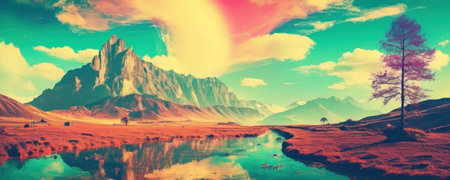 Fantasy landscape. Mountain and lake. 3D illustration. Vintage style.の素材