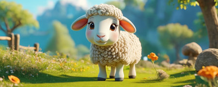 Sheep in the meadow. 3d rendering, 3d illustration.の素材