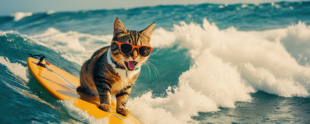 Cute cat surfing on a surfboard on the sea. Wide photo.の素材