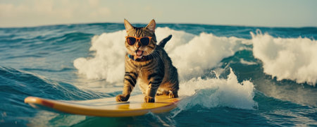 Bengal cat in sunglasses surfing on surfboard in ocean.の素材