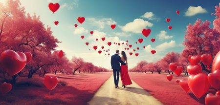 Couple in love walking on the road to the heart shaped balloonsの素材
