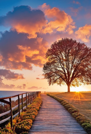 Beautiful sunset over the sea and a lonely tree in the foregroundの素材