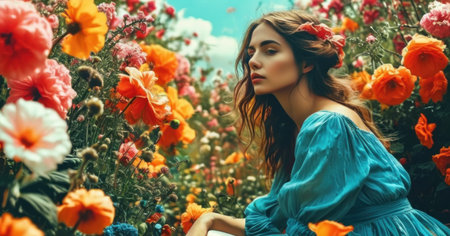 Beautiful young woman in a field of poppies. Beauty, fashion.の素材