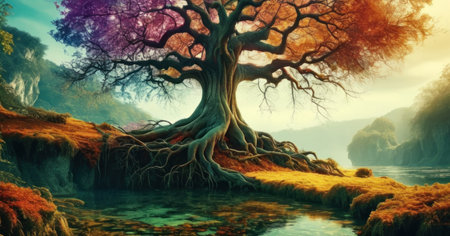 Fantasy landscape with old tree and lake. 3D illustration.の素材