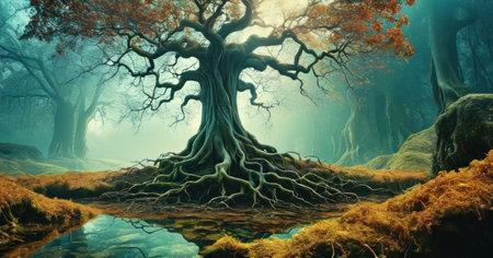 Fantasy landscape with old tree in the forest. 3d renderの素材