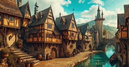 Fantasy medieval fairytale castle in the middle of the river. 3d renderingの素材