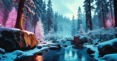 Fantasy winter landscape with a river in the forest. 3d renderingの素材