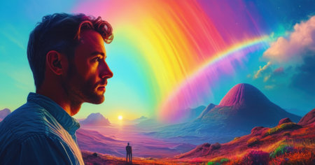 Fantasy landscape with a man in front of a rainbow. 3d renderingの素材