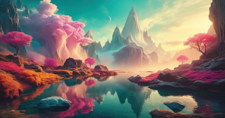 Fantasy alien planet. Mountain and lake. 3D illustration.の素材