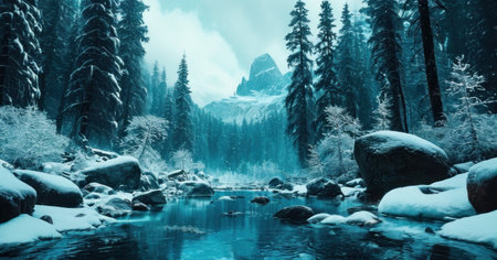 Fantastic winter landscape with snow covered trees and mountain river.の素材