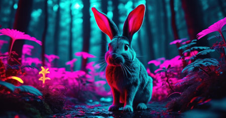 Cute rabbit in the forest at night. 3d rendering.の素材