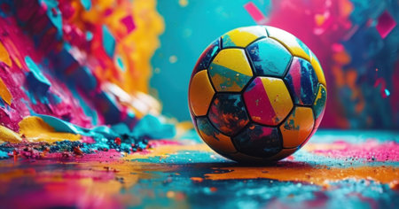 Soccer ball with colorful paint splashes on a wooden background.の素材