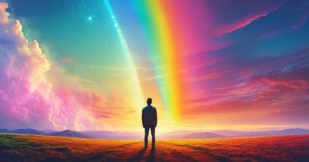 Man standing on the grassland and looking at the rainbow in the skyの素材