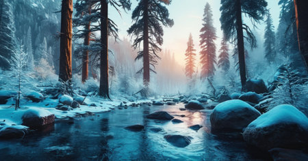 Foggy forest river in winter. Winter landscape with snow.の素材