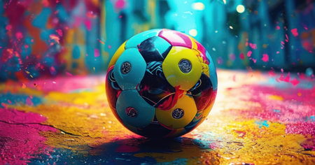 Soccer ball on the background of a colorful wall with confettiの素材