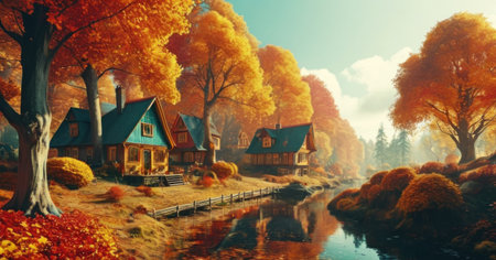 Beautiful autumn landscape with wooden houses on the bank of the riverの素材