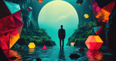 3d render of a woman standing in the middle of the water surrounded by colorful crystals.の素材