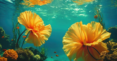 Hibiscus flowers and corals in deep blue water.の素材