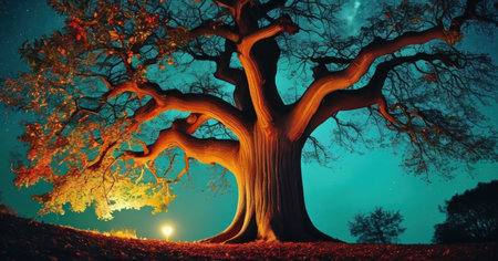 Old oak tree in the autumn forest at night. 3D renderingの素材
