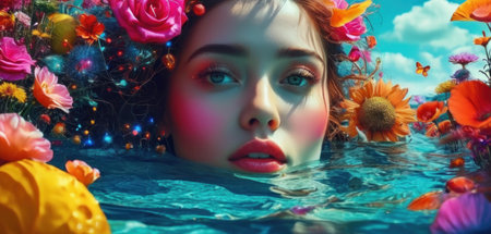 Beautiful woman with flowers in her hair in the water. 3d renderingの素材