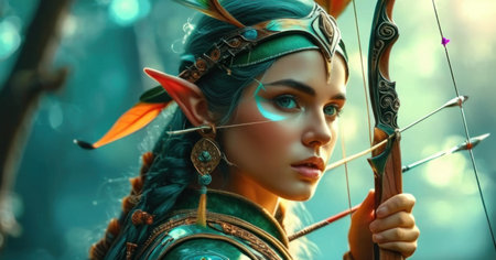 Close-up portrait of a beautiful girl with a bow and arrow in her hands.の素材