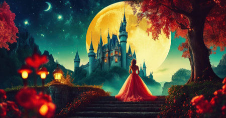 Beautiful girl in a fairy-tale castle on the background of the full moonの素材