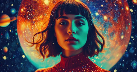 Portrait of a beautiful young woman in a red sweater. Space background.の素材