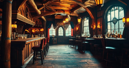 Interior of a pub with tables and chairs, toned imageの素材