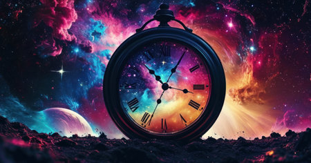 Time concept with vintage clock in dark space. 3D Renderingの素材