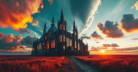 Fantasy landscape with church at sunset. 3d render illustration.の素材