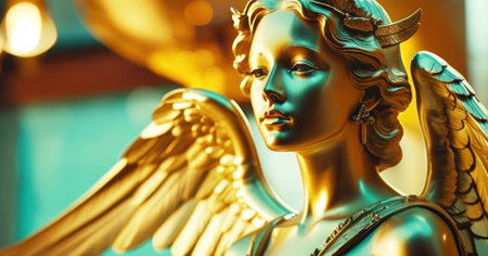 golden statue of an angel with wings, closeup photo.の素材