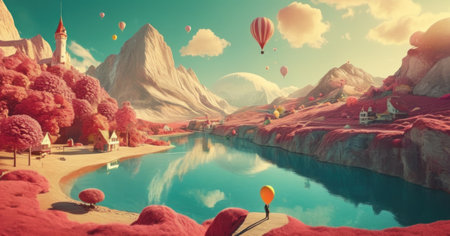 Fantasy landscape with hot air balloons and lake. 3d renderingの素材