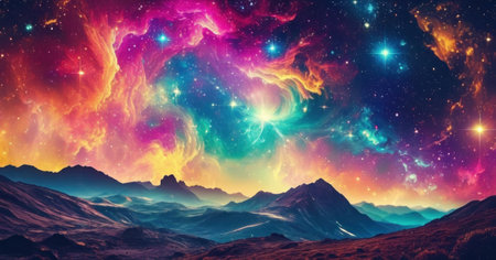 Fantasy alien planet. Mountain and nebula. 3D illustrationの素材