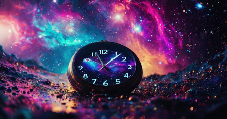 Time concept. Clock on a background of space and stars. 3d renderingの素材