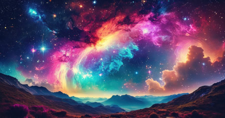 Fantasy landscape with mountains, stars and nebula. 3d illustrationの素材