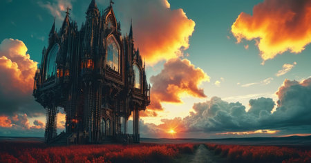Fantasy landscape with a gothic church at sunset. 3d renderの素材