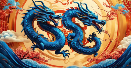 3d rendering of blue dragon in chinese style on orange backgroundの素材