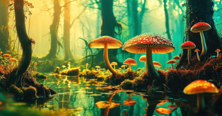 Magic mushrooms in autumn forest. Fantasy landscape with fly agaricの素材